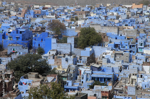 Barrio de casas pintadas de azul junto al fuerte de Mehrangarh en la ciudad de Jodhpur en Rajastán, India © s-aznar