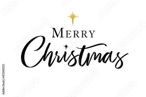 Merry Christmas elegant calligraphy lettering. Christian typography inscription and golden star of Bethlehem. Religious nativity vector greeting card