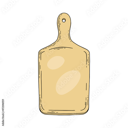 Cutting board made of wood with handle, sketch vector illustration isolated.