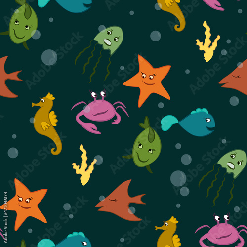 Funny sea animals underwater seamless pattern. Childrens background