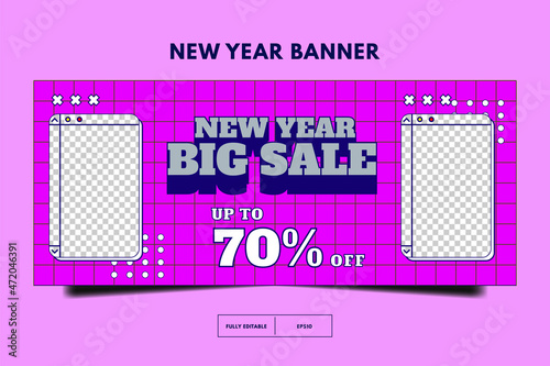 Horizontal banner template. Social media promotion template. New year sale 80s retro post template. memphis social media design. banner template design with space for photo