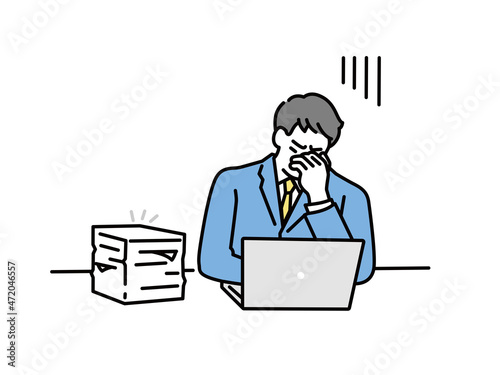 残業する男性のイラスト(仕事、ビジネス、資料作成、会議、疲れ、忙しい、イライラ、失敗、多忙) Illustrations of men working overtime . work, business, materials preparation, meetings, fatigue, busyness, irritation