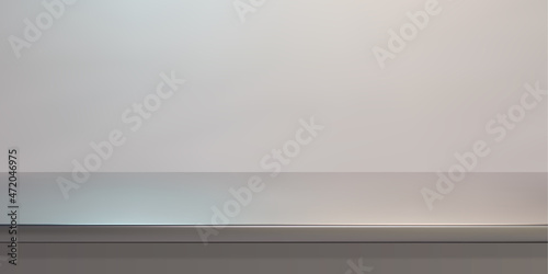 Silver steel countertop, empty shelf. Vector realistic mockup of table top, kitchen counter on gray background with spot light. Bar desk surface in foreground