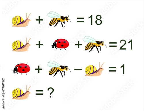 Math puzzle for kids. Logical game with bugs for children, easy level, education game for kids, preschool worksheet activity, Mathematical Addition Subtraction 