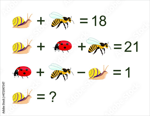 Math puzzle for kids. Logical game  with bugs for children, easy level, education game for kids, preschool worksheet activity,  Mathematical Addition Subtraction 