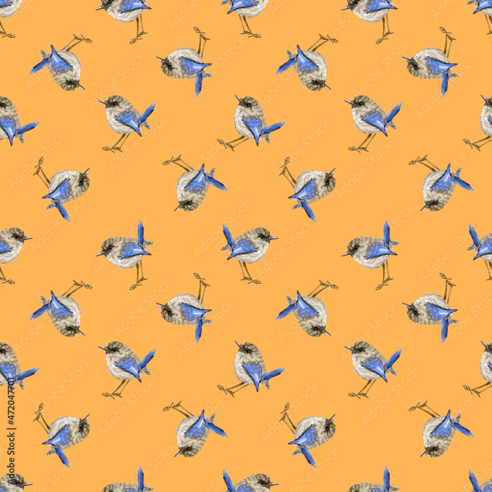 Watercolor Repeat Pattern with Birds on a orange background. 
