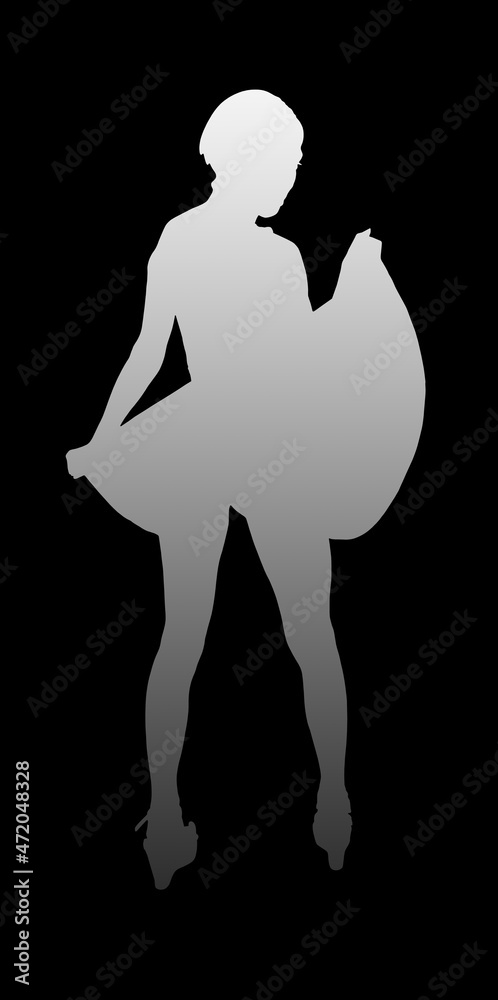 Gradientowy zarys kobiety w sukience stojącej tyłem na czarnym tle. - obrazy, fototapety, plakaty 