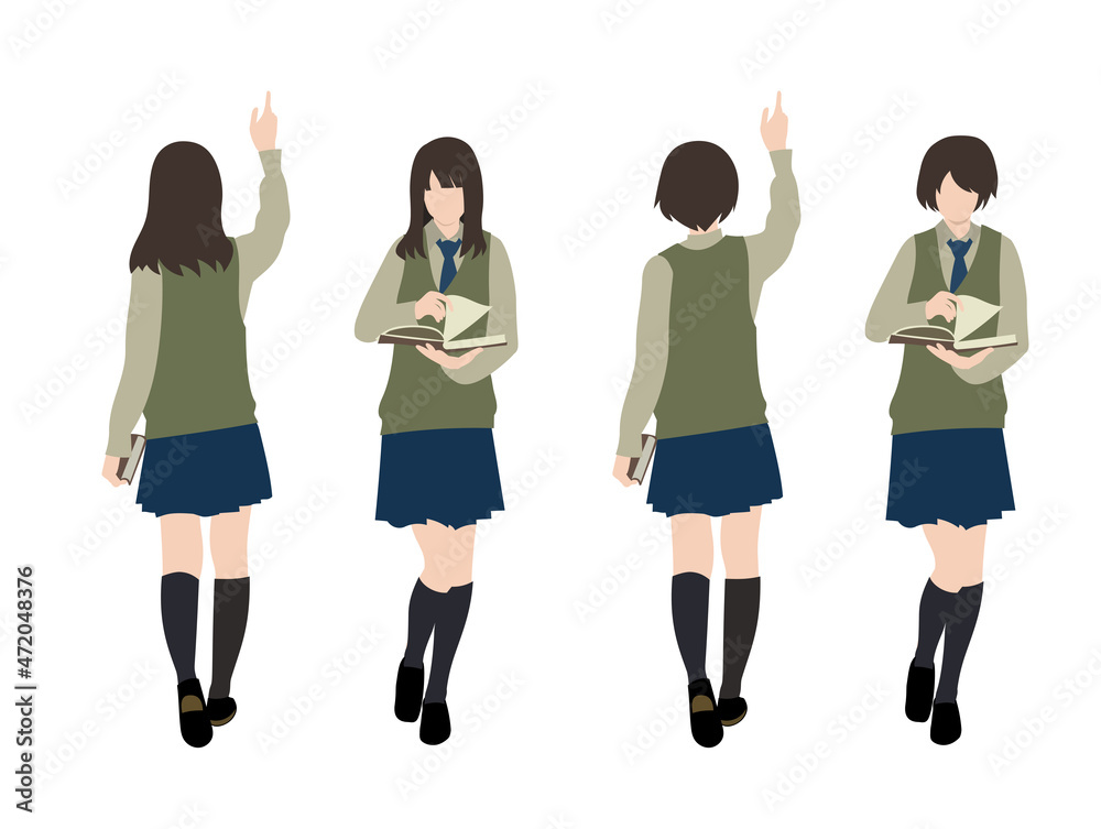 イラスト素材 本を読む女子生徒の全身イラストセット 前後の立ち姿 Stock Vector Adobe Stock