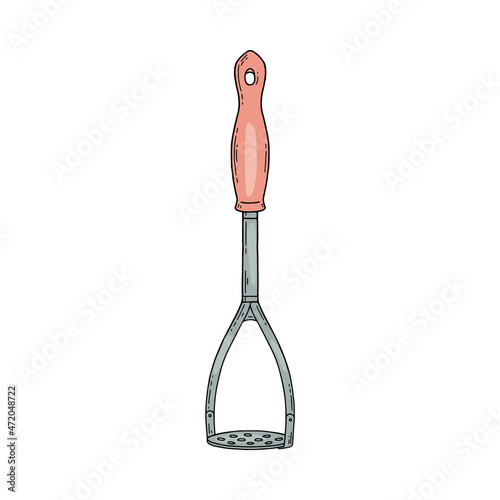 Doodle potato masher. Vector hand drawn illustration of kitchenware for cooking mashed potatoes.