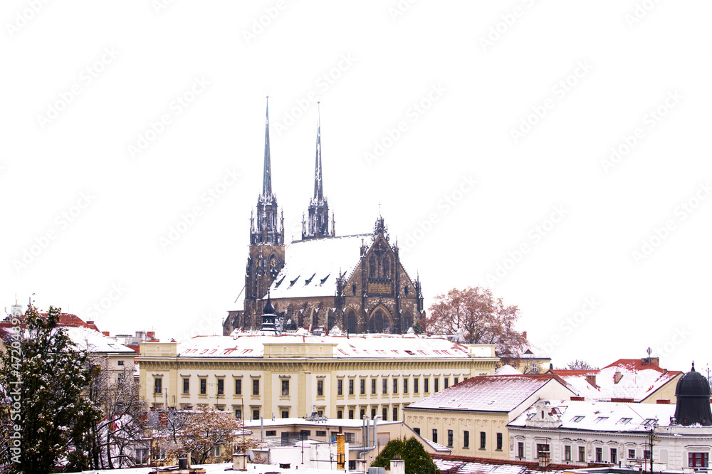 Panorama of Petrov Cathedral (Cathedral of St. Peter and Paul) in Brno in winter with white background in extra large resolution