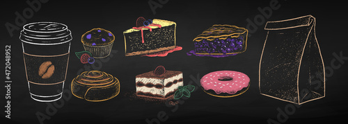 Chalked takeaway Coffee cup and desserts