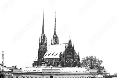 Black and white Petrov Cathedral (Cathedral of St. Peter and Paul) in Brno in winter with white background in extra large resolution