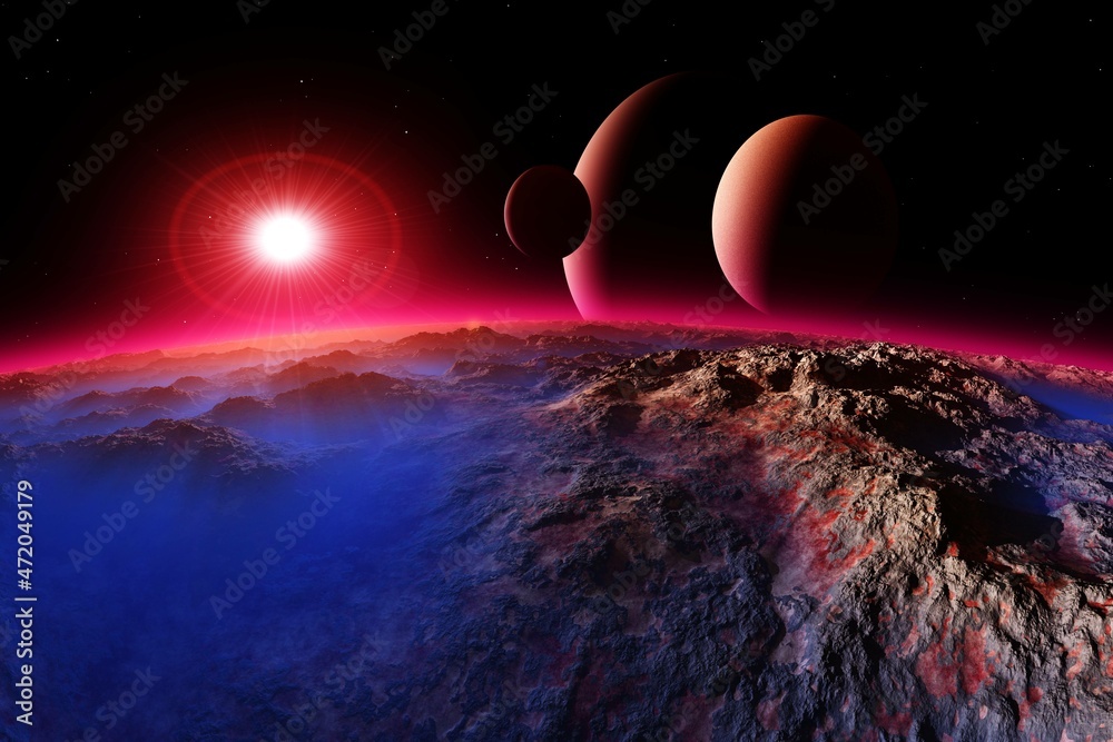 Incredibly beautiful alien landscape at the rising of a star and a parade of planets, alien world, the surface of another planet, fantastic landscape 3D rendering