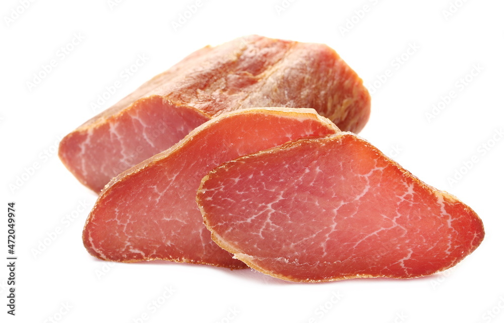 Sliced smoked pork loin, isolated on white