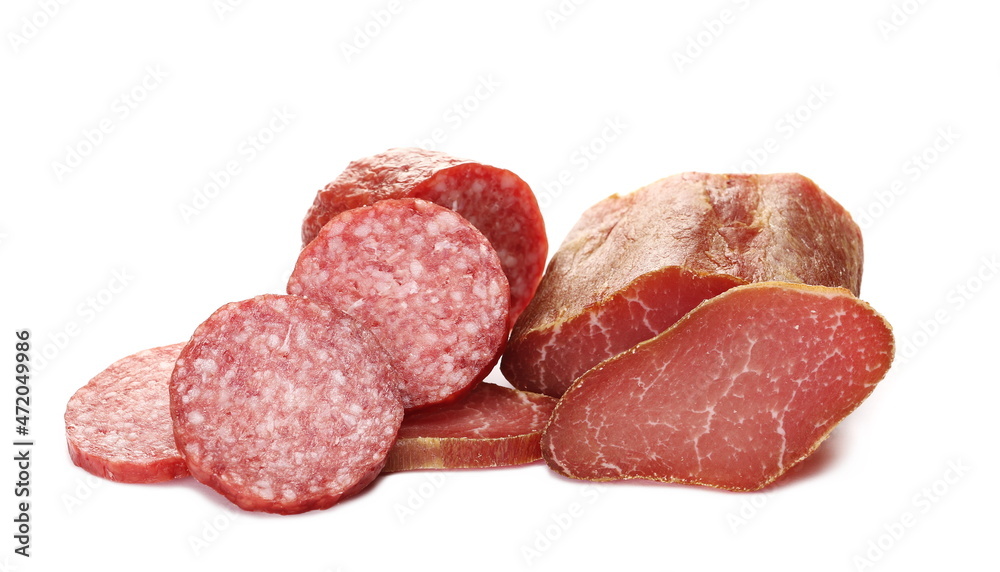 Salami sausage slices and smoked pork loin isolated on white background Salami sausage slices and smoked pork loin isolated on white background