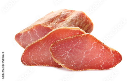 Sliced smoked pork loin, isolated on white