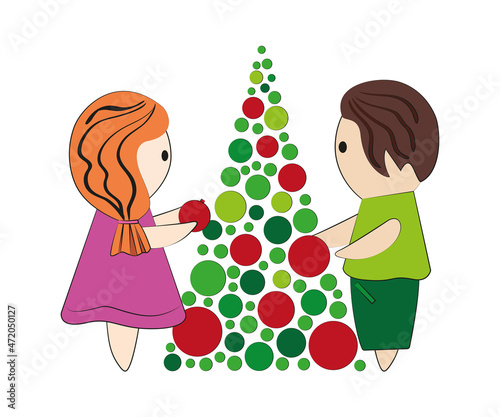 Cartoon boy and girl decorate a Christmas tree. Vector. Isolated