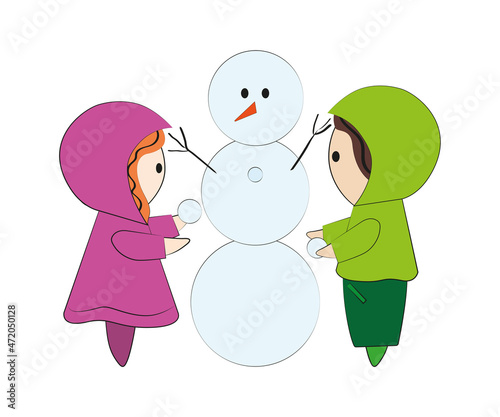 Cartoon boy and girl make a snowman. Vector. Isolated