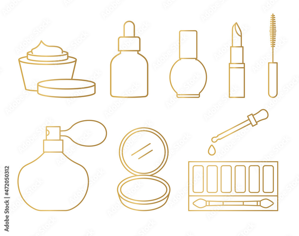golden beauty, skin care, makeup cosmetics set: cream, serum, nail polish, lipstick, mascara, perfume, powder, eyeshadow, moisturing pipette  - vector illustration