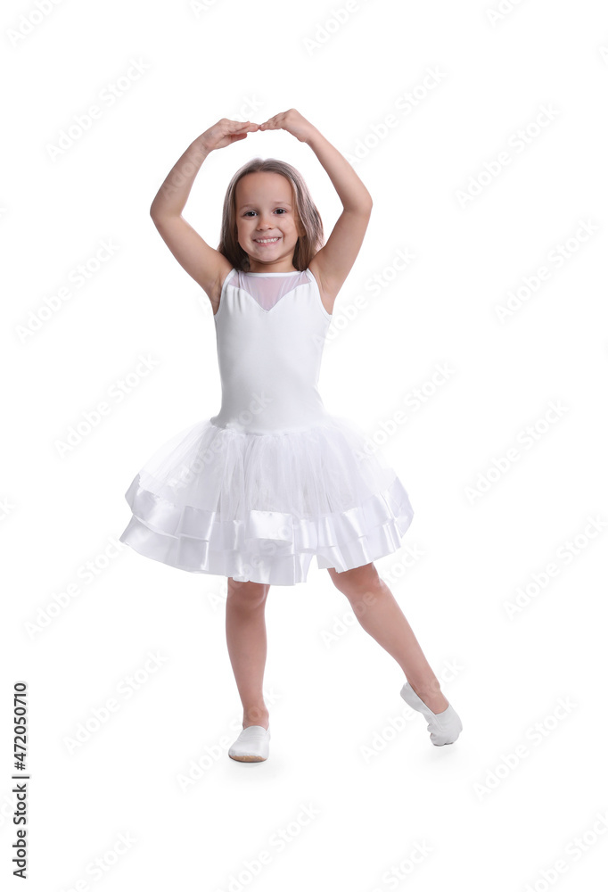 Cute little girl in beautiful dress dancing on white background Cute little girl in beautiful dress dancing on white background
