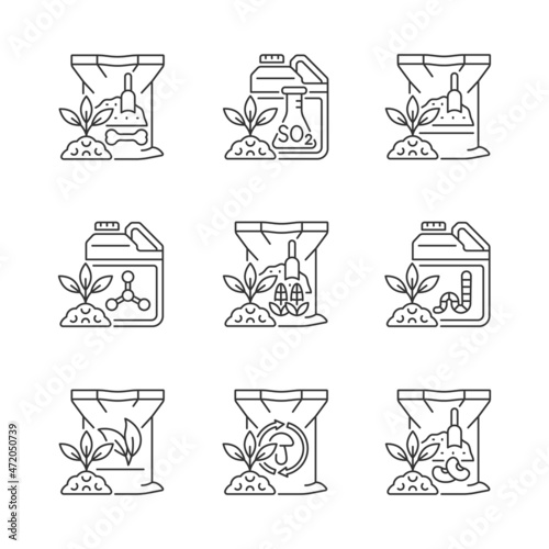 Natural fertilizers linear icons set. Organic additives for ground and plants. Growth increasing. Customizable thin line contour symbols. Isolated vector outline illustrations. Editable stroke