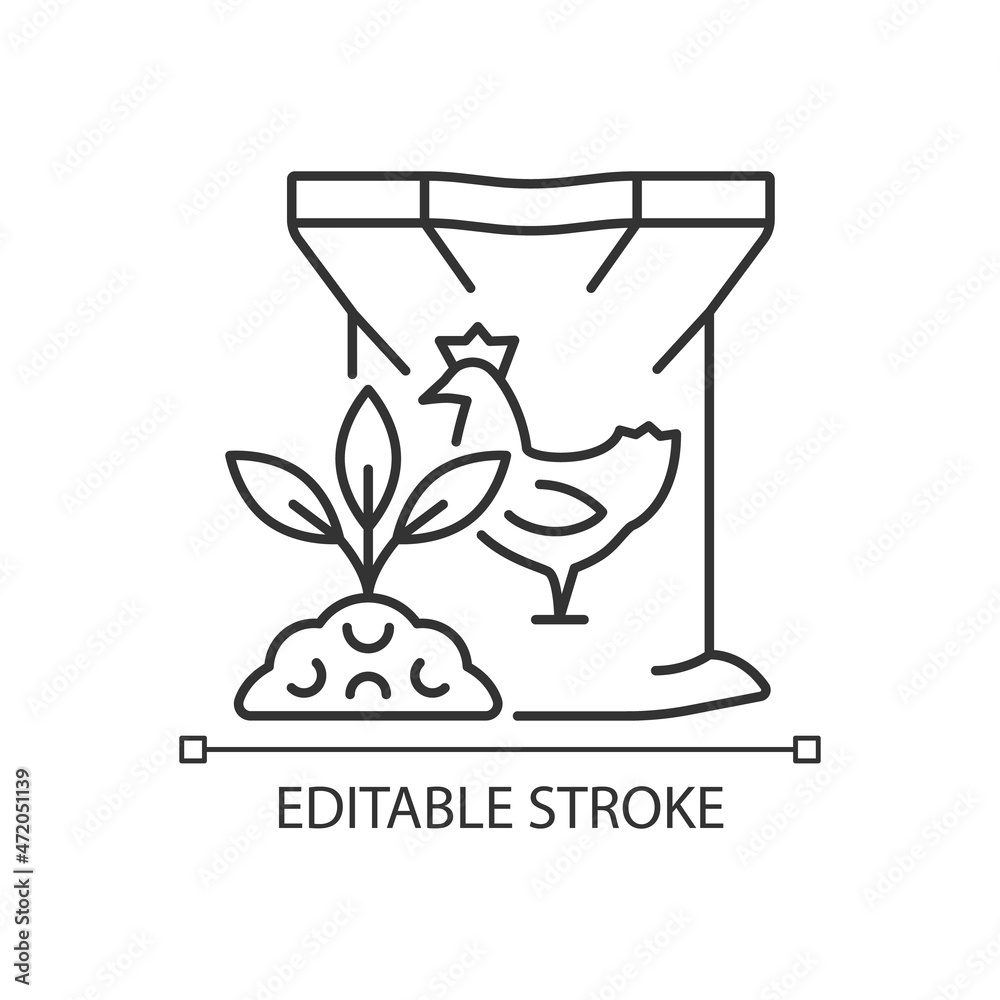 Chicken poultry manure linear icon. Plants and crops organic nourishing. Growth increasing. Thin line customizable illustration. Contour symbol. Vector isolated outline drawing. Editable stroke Chicken poultry manure linear icon. Plants and crops organic nourishing. Growth increasing. Thin line customizable illustration. Contour symbol. Vector isolated outline drawing. Editable stroke