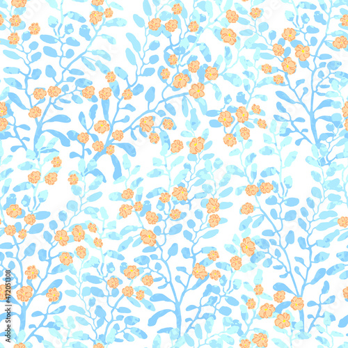 Vector seamless pattern with colorful illustration of cute small flowers on flowering bush. For wallpaper  textile print  pattern fills  web page  surface textures  wrapping paper  design of