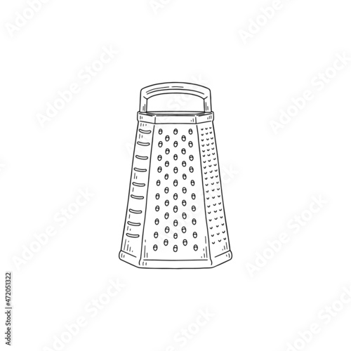 Doodle black and white kitchenware steel grater insulated on white background. Hand drawn vector