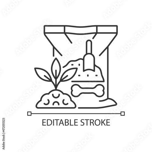 Bone meal linear icon. Organic powder for soil supplementing. Mixture of elements and minerals. Thin line customizable illustration. Contour symbol. Vector isolated outline drawing. Editable stroke