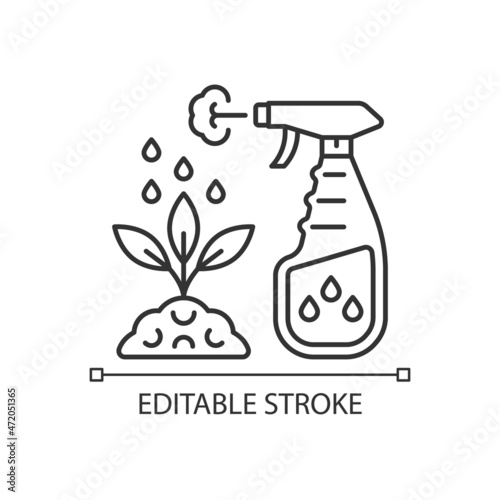 Spray fertilizer linear icon. Liquid substance for plant leaves. Foliar supplement. Thin line customizable illustration. Contour symbol. Vector isolated outline drawing. Editable stroke