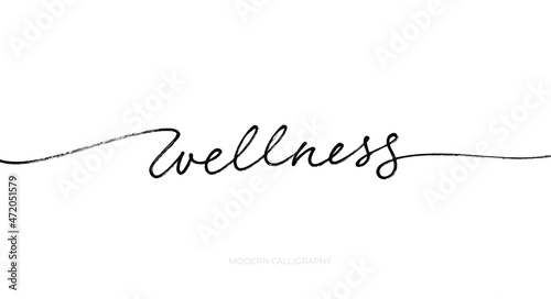 Wellness typography banner. Vector monoline calligraphy with swashes. Health concept background. Handwritten lettering phrase about health care. Inspirational word. Black vector ink illustration. 