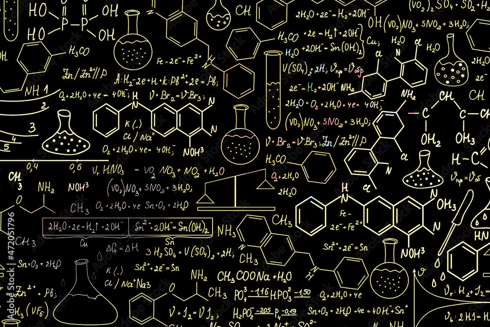 Hand drawn science formulas on chalkboard for background. Hand drawn science formulas on chalkboard for background.