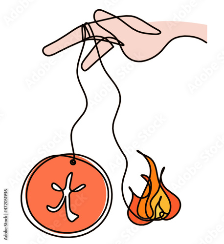 Abstract hand with element of fire in feng shui (hieroglyph means "fire" in english) as line drawing on the white background