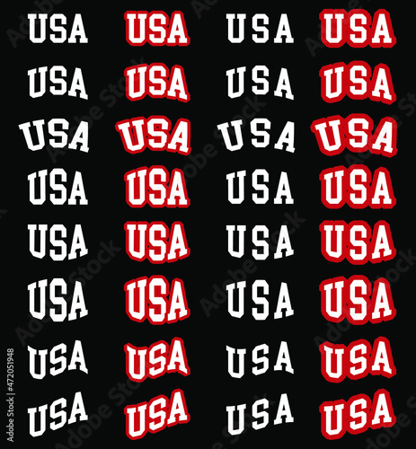 USA. Sweatshirt, t-shirt and hoodie print. Graphic design element. Sticker. Logo. Set in different variations. School, College and Academy style. Vector EPS10.