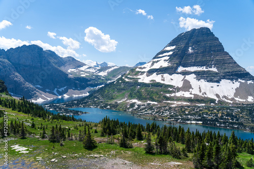 Hidden Lake and Bearhat Mountain from the hiking trail at Logan Pass on the Going to the Sun Road in Glacier National Park in Montana on a sunny summer day photo