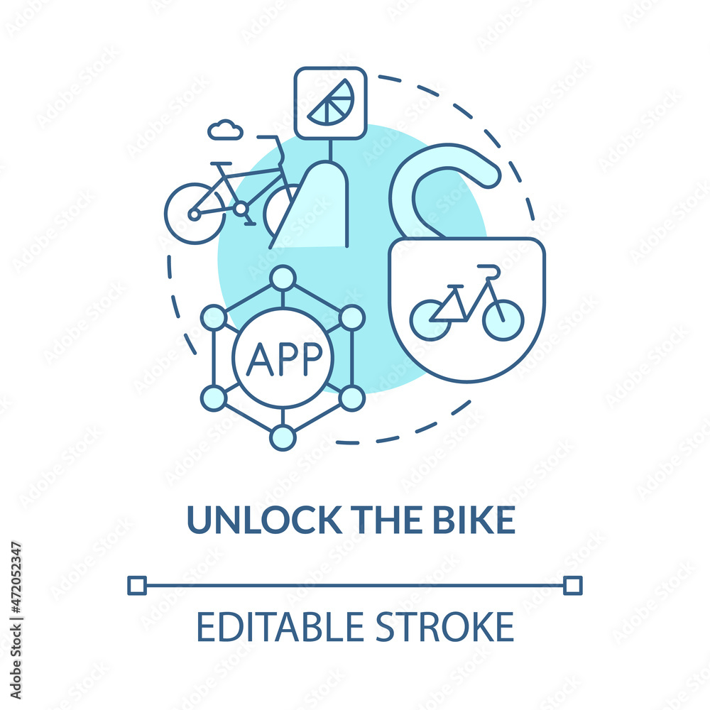 Unlock bike blue concept icon. Bike sharing usage abstract idea thin line illustration. Rental system. Using smartphone for unlocking. Vector isolated outline color drawing. Editable stroke
