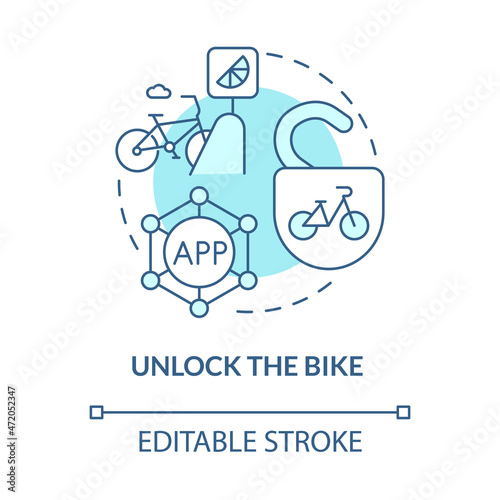 Unlock bike blue concept icon. Bike sharing usage abstract idea thin line illustration. Rental system. Using smartphone for unlocking. Vector isolated outline color drawing. Editable stroke