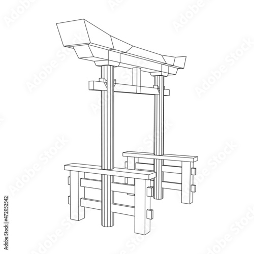 Torii sacred traditional gate. Symbol of Japan,shintoism religion. Japanese Tori arch ancient entrance. Wireframe low poly mesh vector illustration
