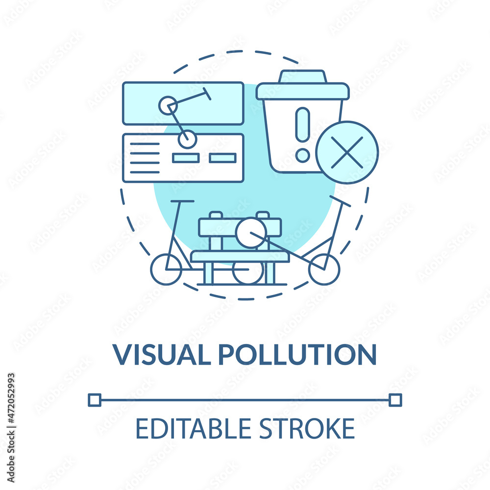 Visual pollution blue concept icon. Scooter sharing problem abstract idea thin line illustration. Blocked sidewalks risk. Visual clutter. Vector isolated outline color drawing. Editable stroke Visual pollution blue concept icon. Scooter sharing problem abstract idea thin line illustration. Blocked sidewalks risk. Visual clutter. Vector isolated outline color drawing. Editable stroke