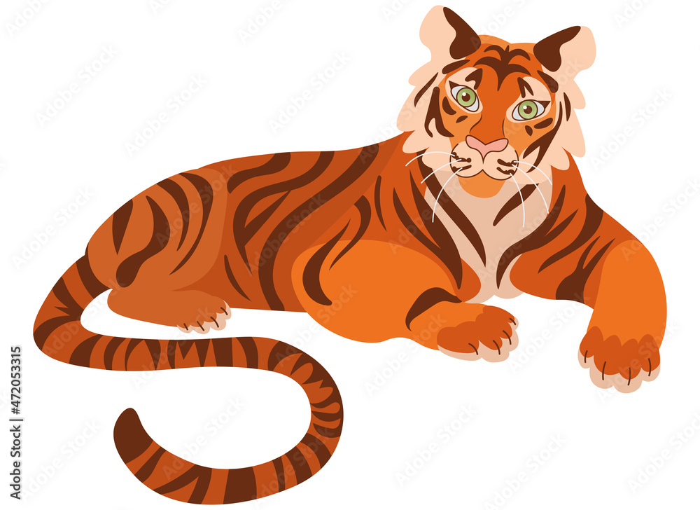 Wild tiger symbol of New Year 2022 isolated on white background. Exotic cartoon animal with stripy coat. Wild tiger symbol of New Year 2022 isolated on white background. Exotic cartoon animal with stripy coat.