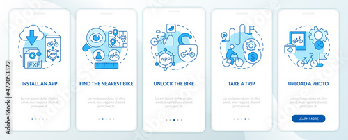 Bicycle share usage onboarding mobile app page screen. Installing application walkthrough 5 steps graphic instructions with concepts. UI, UX, GUI vector template with linear color illustrations
