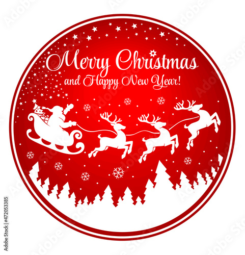 Santa Claus flies across the sky over the forest in sleigh pulled by reindeer. Round Christmas icon. Vector