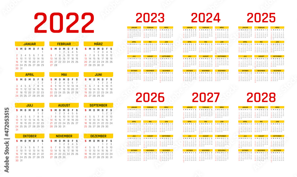 2022-2028 calendar German. 2022 Duitse kalender. 2023 kalender. 2024 kalender. 2025 kalender. 2026 kalender. 2027 kalender. 2028 kalender. 2022-2028 kalender. 2022-2028.	
 - obrazy, fototapety, plakaty 
