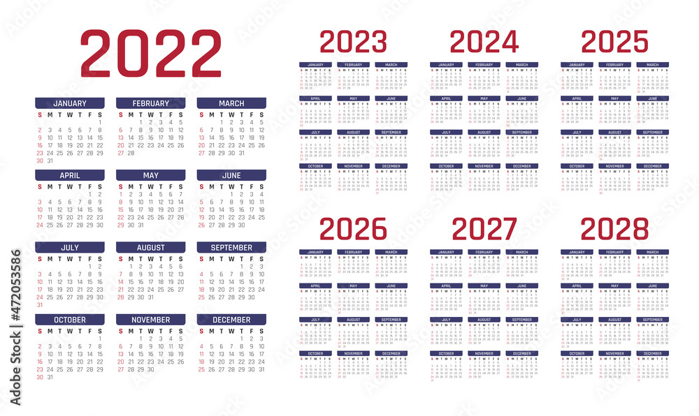 2022-2028 Calendar English. 2022 calendar. 2023 calendar. 2024 calendar. 2025 calendar. 2026 calendar. 2027 calendar. 2028 calendar. 2022-2028 almanac. 2022-2028 date block. Vector Illustration. - obrazy, fototapety, plakaty 