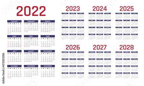2022-2028 Calendar English. 2022 calendar. 2023 calendar. 2024 calendar. 2025 calendar. 2026 calendar. 2027 calendar. 2028 calendar. 2022-2028 almanac. 2022-2028 date block. Vector Illustration.