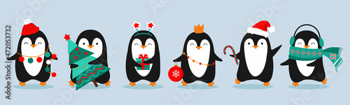 Cute penguins. Christmas penguins on light blue background. Vector