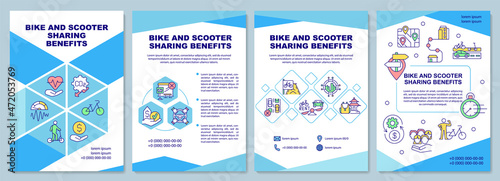 Bike and scooter sharing benefits brochure template. Eco transport. Flyer, booklet, leaflet print, cover design with linear icons. Vector layouts for presentation, annual reports, advertisement pages