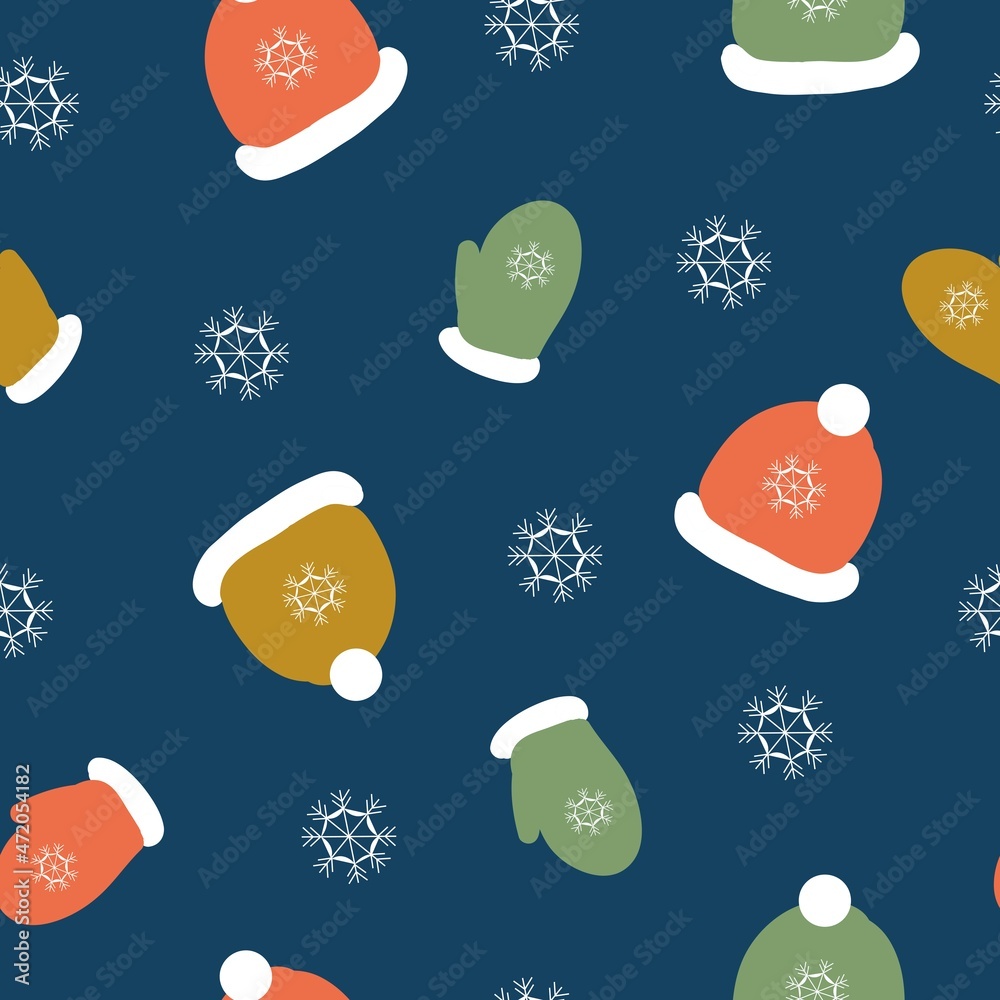 seamless Christmas pattern. Colored hats and mittens, snow. Dark blue background . vector texture. trendy print for textiles, wallpaper and packaging.