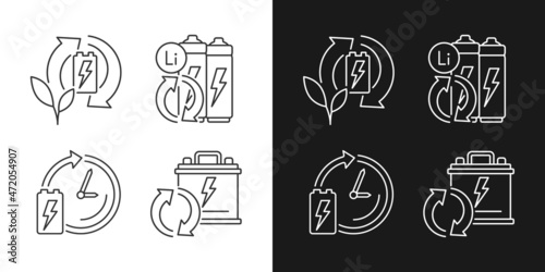 Eco battery disposal linear icons set for dark and light mode. Accumulator reuse. Recycling electronic waste. Customizable thin line symbols. Isolated vector outline illustrations. Editable stroke