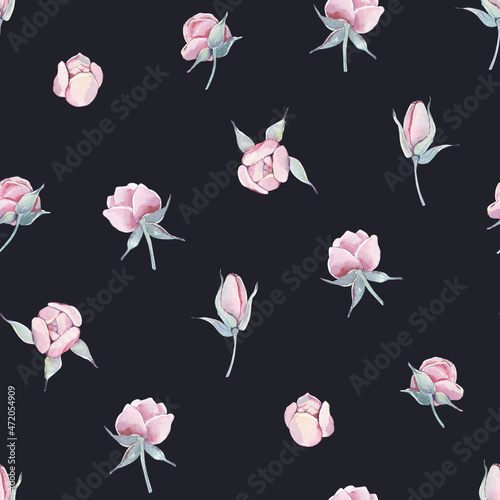Vintage pink peonies with branches seamless pattern isolated. Watercolor hand drawn floral illustration on a dark background. For mother, birthday, valentine, love cards, linen, wrapping.